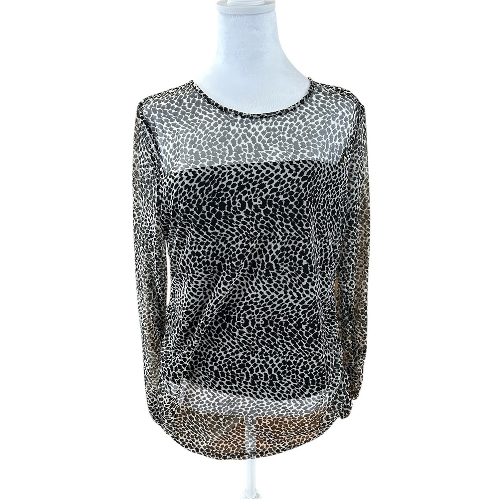 DKNY Womens Animal Print Sheer Mesh Long Sleeve Crew Neck Blouse Brown Black